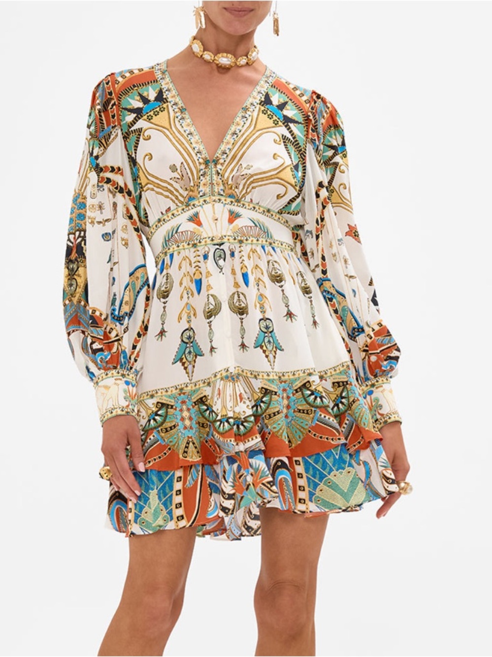 Camilla Cream Multicolor Printed Long Sleeve Frill Dress